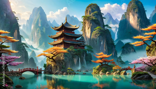 Eastern Fantasy Landscape, Fictional, Dreamlike, Imaginary, Magical, Enchanted, Unreal, Mythical, Surreal, Wonderland, Fairy Tale, Epic, Whimsical, AI Generated.