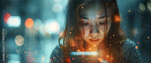 Millennial woman using mobile phone, double exposure with bokeh lights, reflecting urban life and technology.