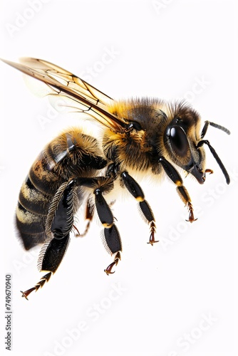 A detailed close-up of a bee isolated on a white background, highlighting the elegance of this vital pollinator