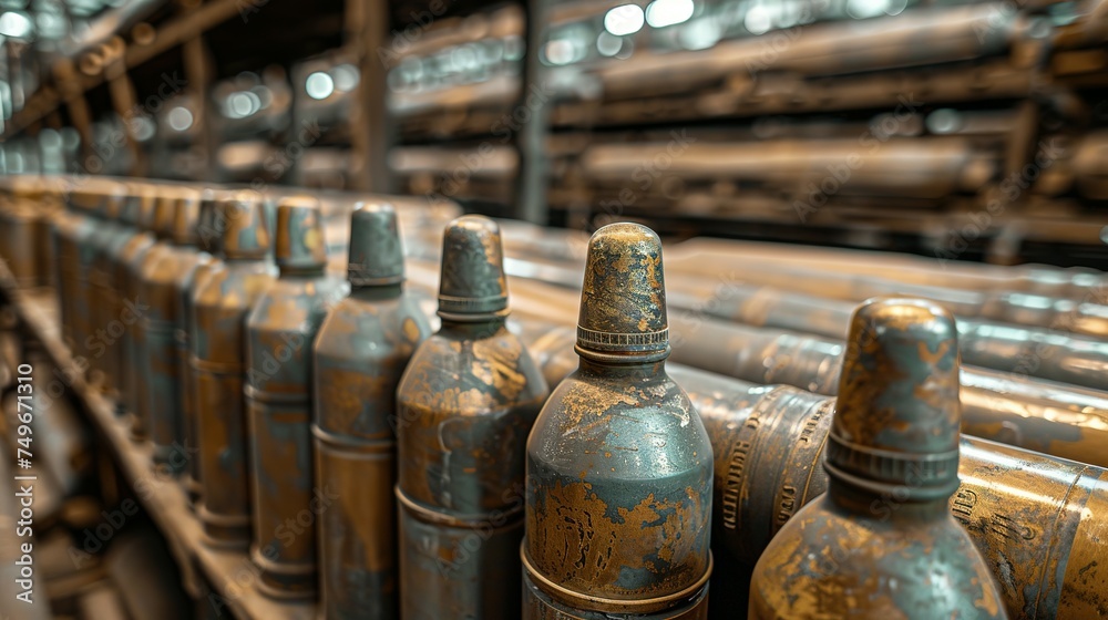 Many of new artillery shells are in military warehouse, metal munition in storage of weapons factory closeup. Concept of war, background, equipment, supply, production Many of new artillery shells are in military warehouse, metal munition in storage of weapons factory closeup. Concept of war, background, equipment, supply, production