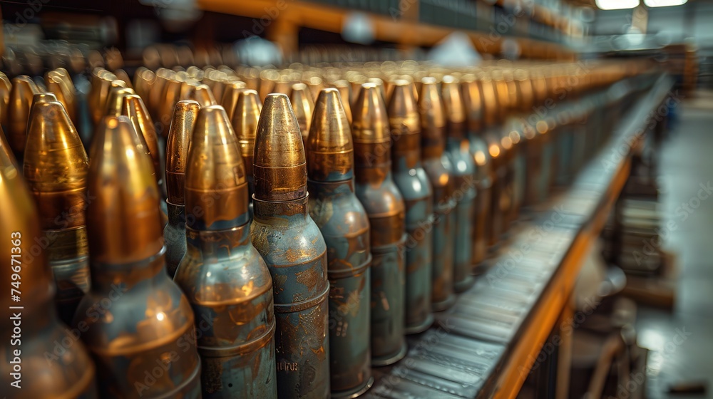 Many of new artillery shells are in military warehouse, metal munition in storage of weapons factory closeup. Concept of war, background, equipment, supply, production