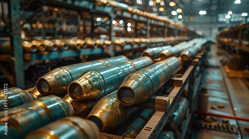 Many of new artillery shells are in military warehouse, metal munition in storage of weapons factory closeup. Concept of war, background, equipment, supply, production