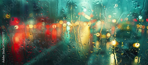 Rain drops streak down a window as cars drive down a wet city street at night, with colorful bokeh in the blurry background.