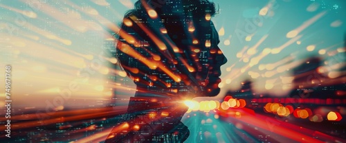 Double exposure of a man's profile and cityscape at sunset, conveying the concept of rapid business growth and ambition.