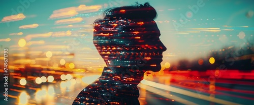 Double exposure of a man's profile and cityscape at sunset, conveying the concept of rapid business growth and ambition.
