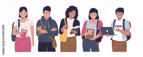 Group diverse students or university classmates. Vector flat illustration