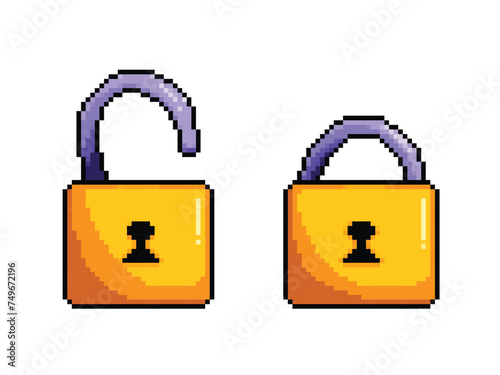 Opened and closed gold yellow padlock. Pixel art retro vintage video game bit vector illustration with simple flat cartoon art style isolated on horizontal white background.
