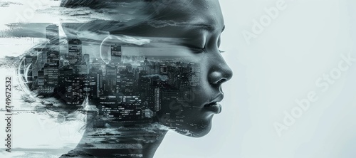Striking double exposure of a thoughtful woman overlaid on a city skyline, depicting deep reflection and urban complexity.