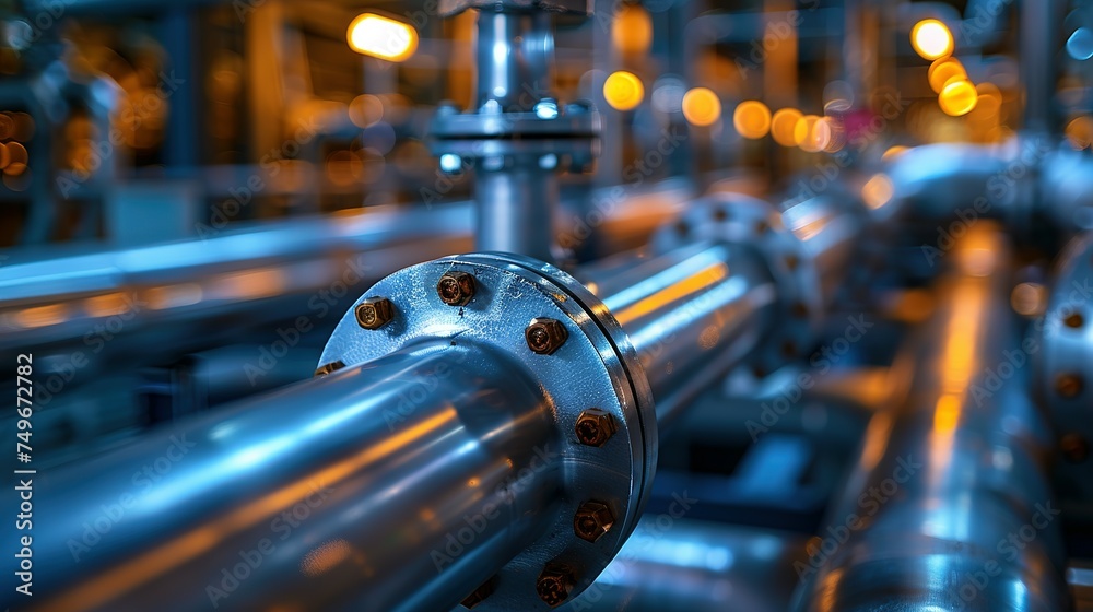 Fototapeta premium Pipeline and pipe rack of an oil, chemical, hydrogen or ammonia industrial plant. Distribution of liquid along the main pipeline. Close-up