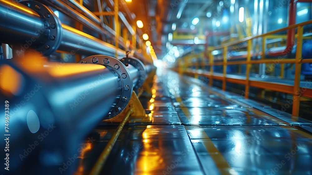 Pipeline and pipe rack of an oil, chemical, hydrogen or ammonia industrial plant. Distribution of liquid along the main pipeline. Close-up