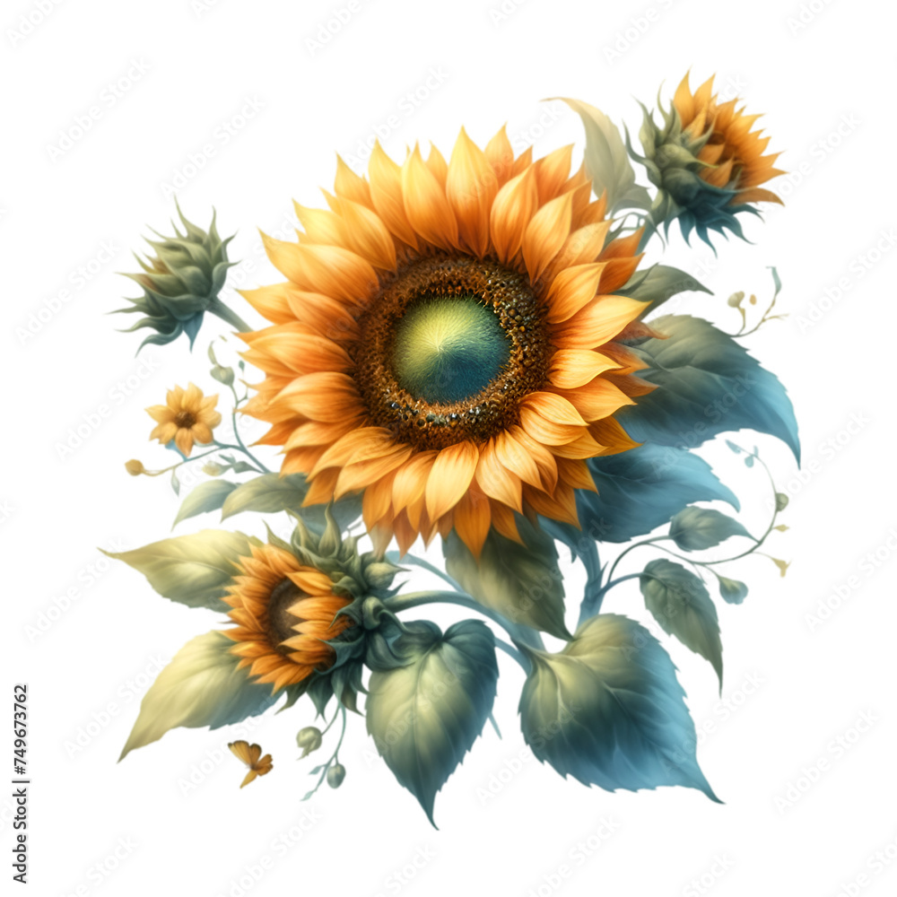 Fototapeta premium Sunflower on White Background with Bright Yellow Petals Blossoming in Summer Garden