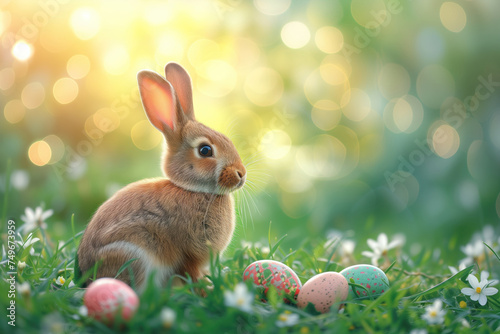 The Easter bunny sits among painted Easter eggs on green grass against a blurred spring background with bokeh and space for text. Happy Easter concept
