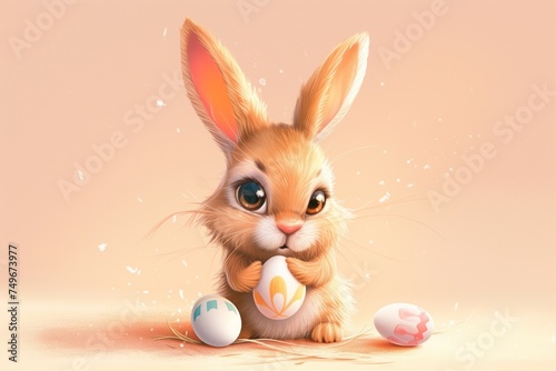 A cute Easter bunny with big eyes and ears holds an Easter egg in his paws, and the rest of the painted Easter eggs lie nearby. The character is on a pale peach background, the color of the year