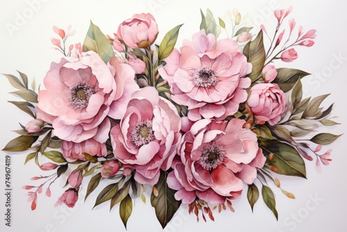 Pink Flowers Painting on White Background Generative AI