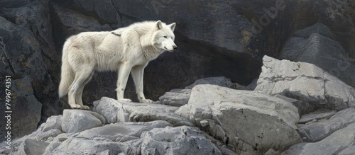A polar wolf, Canis lupus arctos, stands dominantly on a mound of gray rocks, surveying its surroundings with alertness and strength. The white fur of the wolf contrasts sharply against the dull rocks