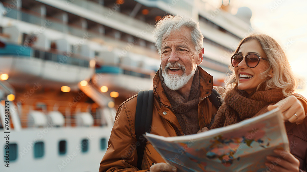 Fototapeta premium Cheerful senior couple with map, prepared to travel on vacation cruise exploring together.
