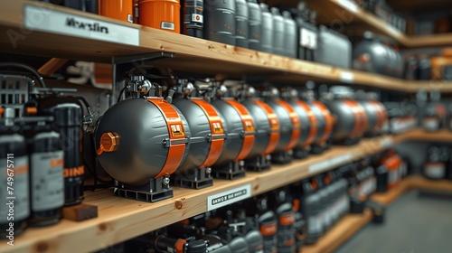 Showcase in shop of new air compressors photo