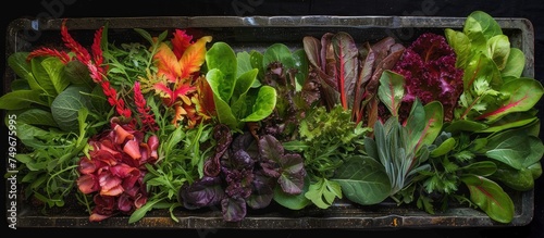 A collection of various Bac Tastic salad leaves neatly arranged in a box, showcasing a delightful combination of flavors and textures.