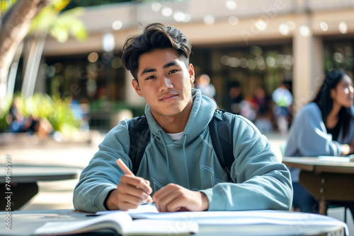 A good looking college student sits at a table with a book and pen in hand studying outside