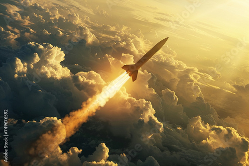 A dramatic scene of a combat rocket soaring high above the clouds capturing the intensity of a missile attack The image conveys the urgency and power of an air strike in a war scenario