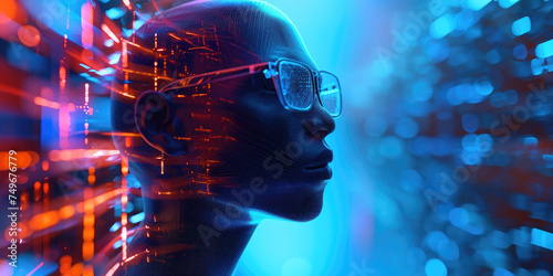 Abstract black man Artificial intelligence. Technology web background. Virtual concept