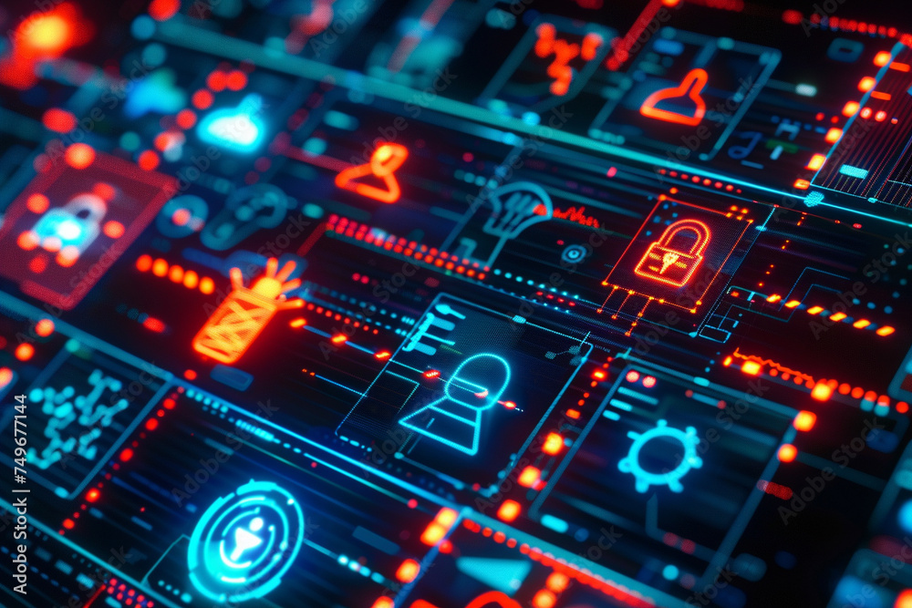 Conceptual image of a web interface showing icons for malware and hacking alerts Conceptual image of a web interface showing icons for malware and hacking alerts