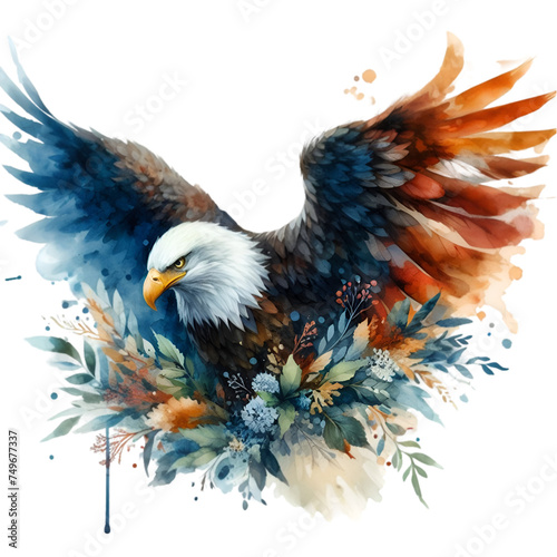 Blue and yellow macaw, American eagle with flag, bird and eagle illustration in nature, with feathers and wings, isolated vector mascot