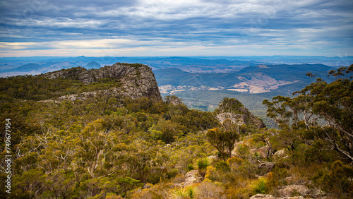 panorama of mount maroon as seen from the trail to the summit; rocky mountain in mount barney national park, queensland, australia