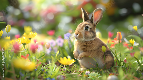 Easter bunny on a beautiful green meadow with colorful spring flowers