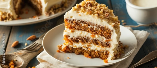 A single slice of moist carrot cake with cream cheese frosting sits elegantly on a pristine white plate. The cake is topped with chopped walnuts and a drizzle of caramel sauce, creating a decadent and