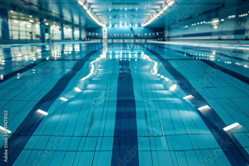 Olympic swimming pool with clear blue lanes ready for a highstakes competition embodying fitness and determination