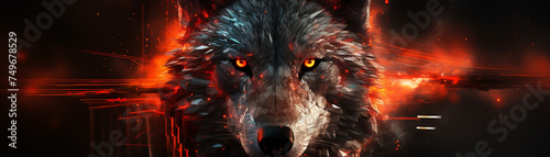 A striking portrayal of a wolfs head mouth sealed with tape amidst a matrix of glowing data representing silenced wilderness in a tech era Style Cybernetic Wilderness