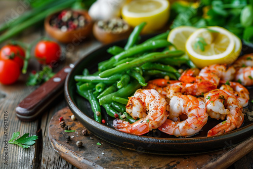 Rustic wooden table setting with a chef's seafood preparation, featuring shrimps and healthy green beans