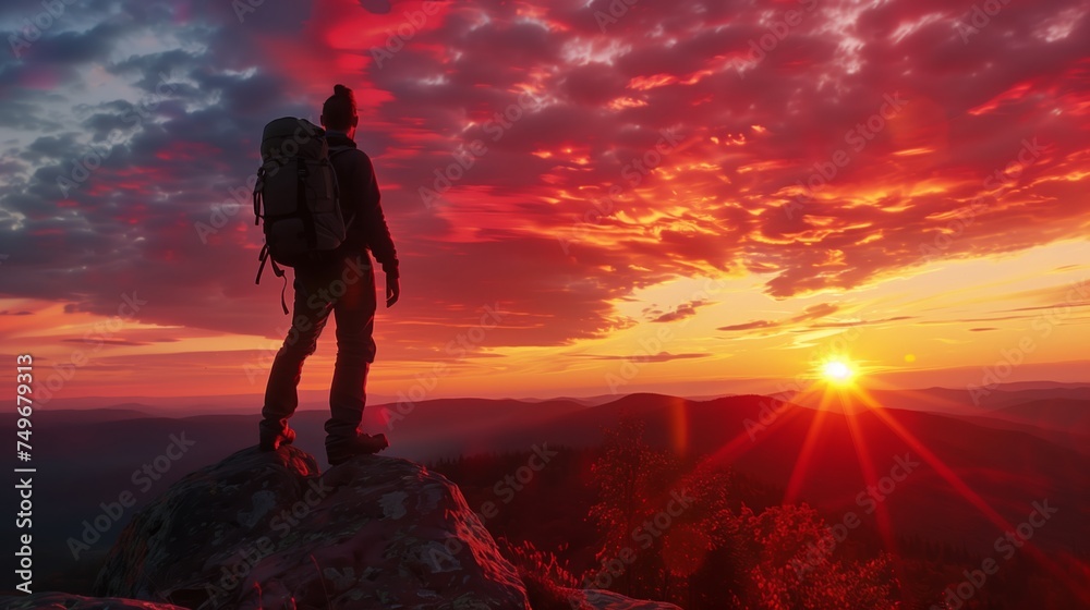 The mountaineer is on the summit contemplating the landscape. man standing on top of a mountain with a backpack on his back and a sunset in the background behind him, with a red sky and orange clouds 