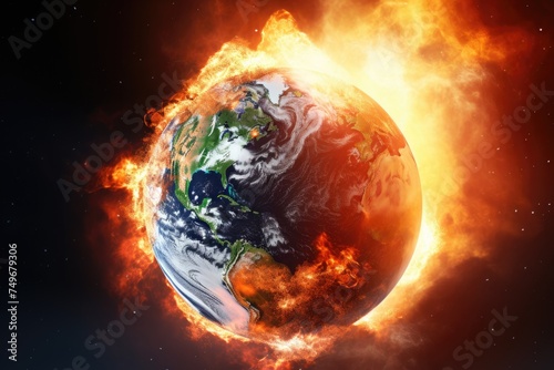 Earth engulfed in flames representing global warming threat. Global Warming Catastrophe Concept
