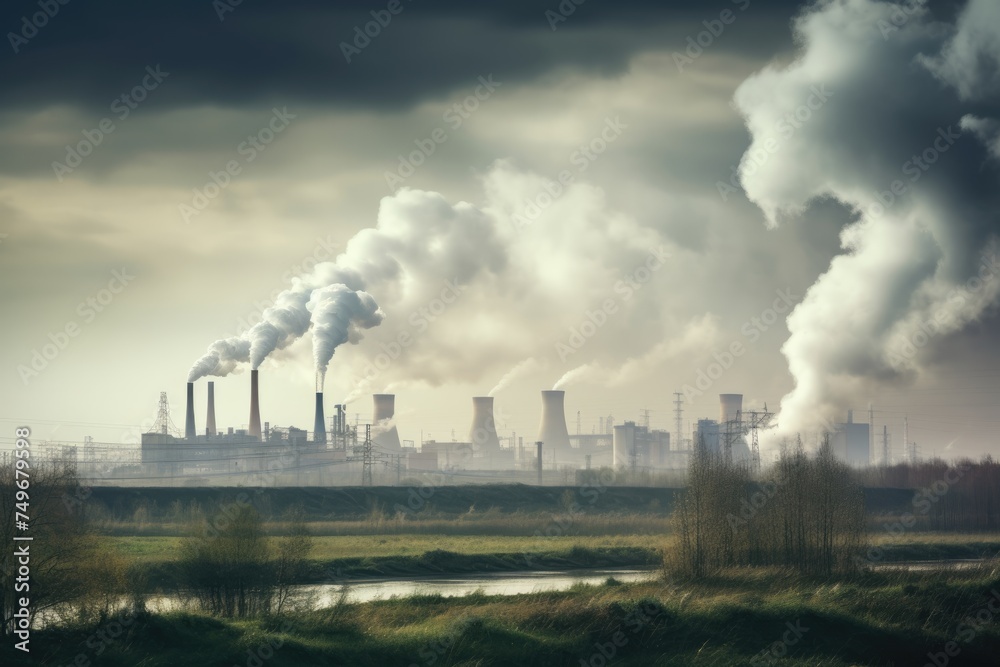 Smokestacks emitting pollution in a natural landscape. Industrial Pollution Landscape