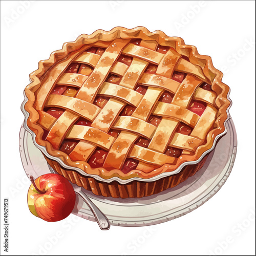 Clipart Illustration of an Apple Pie on a Pie Plate isolated on white, Perfect for Food Designs and Promotions