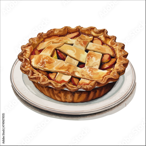 Clipart Illustration of an Apple Pie on a Pie Plate isolated on white, Perfect for Food Designs and Promotions