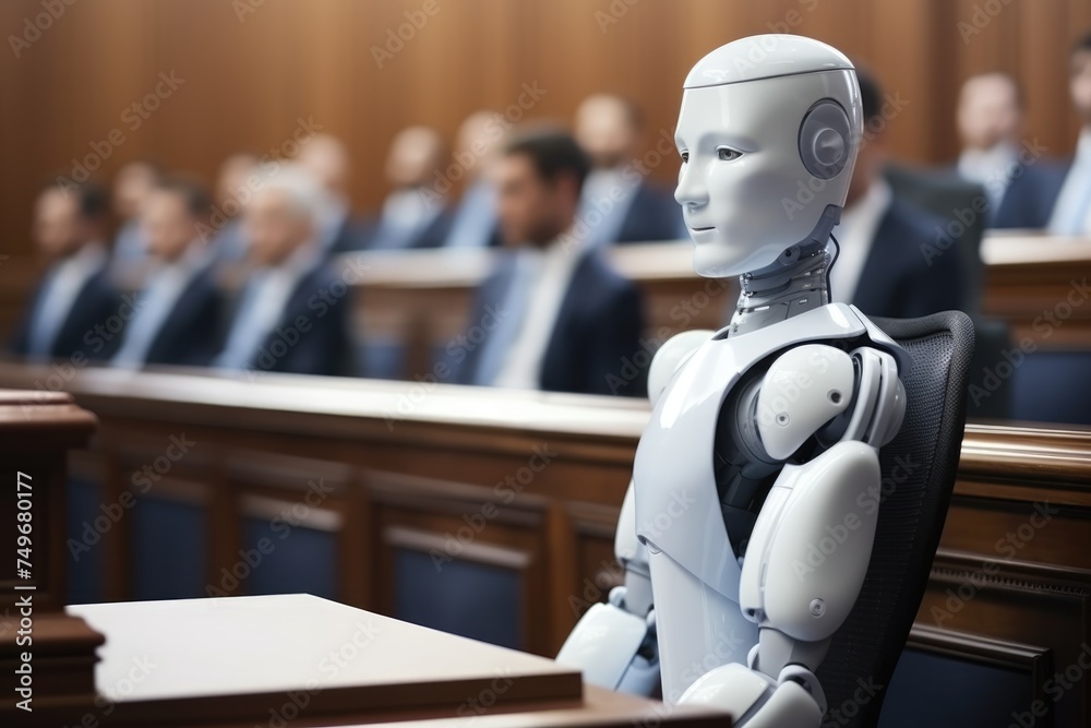 Autonomous robot seated as a participant in a modern courtroom. Humanoid Robot in Courtroom Autonomous robot seated as a participant in a modern courtroom. Humanoid Robot in Courtroom