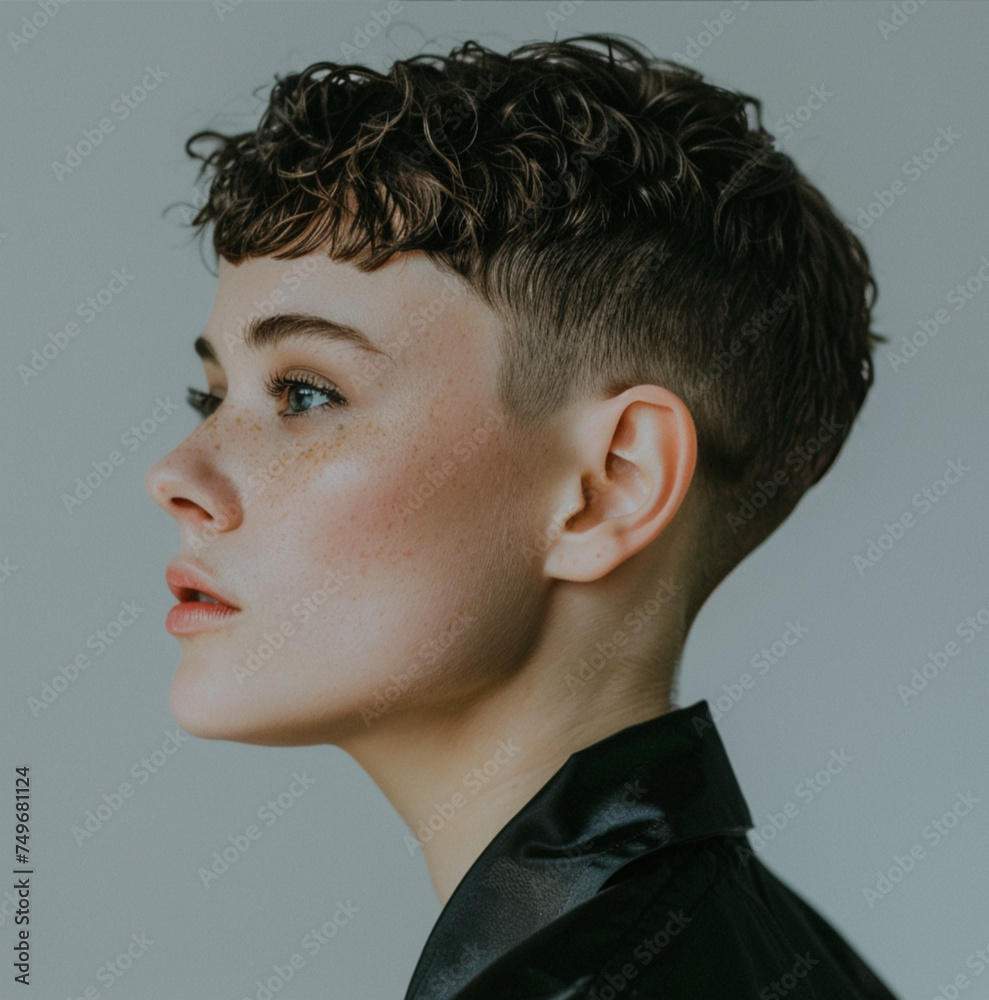 Fototapeta premium androgynous person with very short curly bowl haircut, shaved on back and side