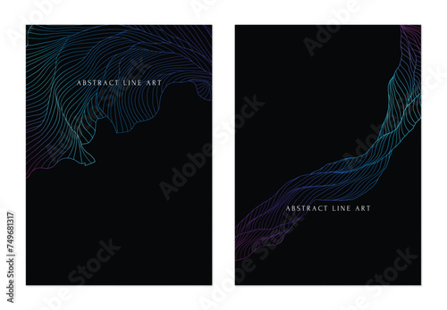 Abstract background, pink blue abstract wavy line art on black