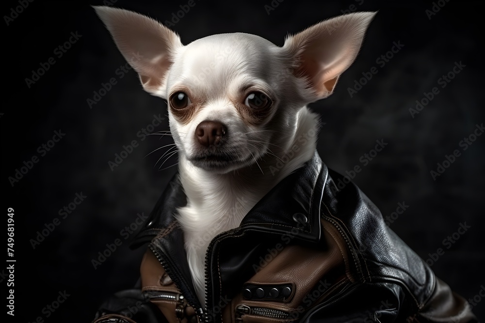 a white chihuahua wearing a leather jacket on an isolated background