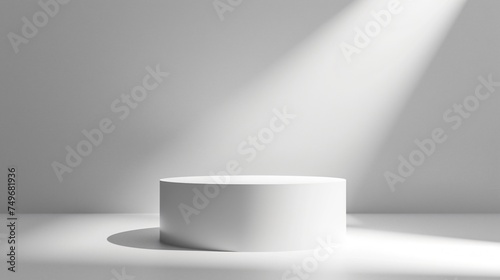 A cylindrical white podium on a white gradient background with spotlights creating a dramatic effect ideal for unveiling a new fragrance
