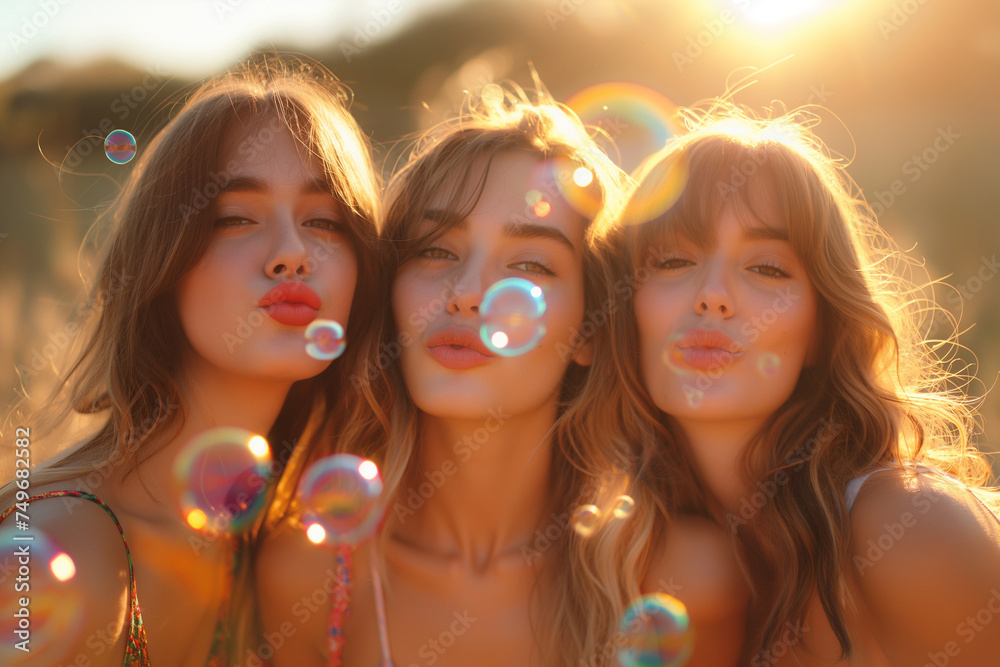 three young woman blowing bubble outdoor in the sunset light three young woman blowing bubble outdoor in the sunset light