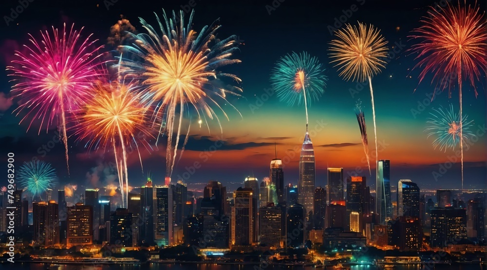 Fototapeta premium Beautiful colorful fireworks display on bright busy city from Generative AI