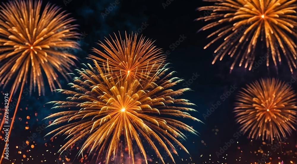 Beautiful orange fireworks display with bokeh abstract holiday celebration background from Generative AI