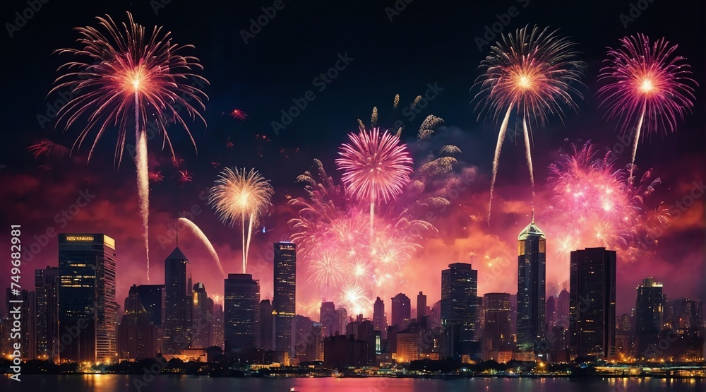 Beautiful pink fireworks display on bright busy city skyline background at night background from Generative AI