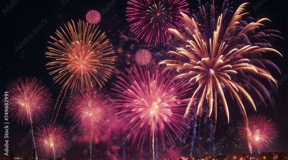 Beautiful pink fireworks display with bokeh abstract holiday celebration background from Generative AI Beautiful pink fireworks display with bokeh abstract holiday celebration background from Generative AI