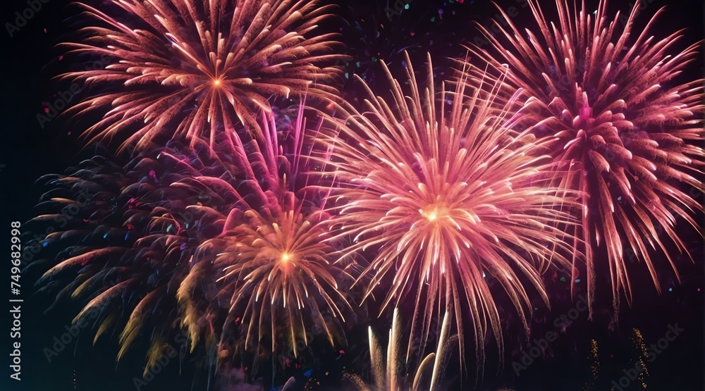 Beautiful pink fireworks display with bokeh abstract holiday celebration background from Generative AI Beautiful pink fireworks display with bokeh abstract holiday celebration background from Generative AI