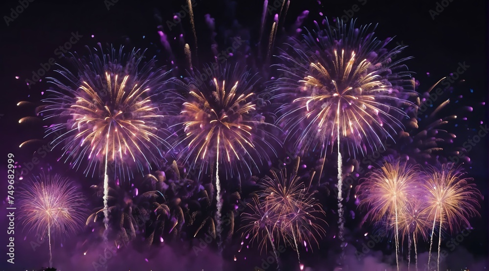 Fototapeta premium Beautiful purple fireworks display with bokeh abstract holiday celebration background from Generative AI